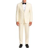 LUCCI Men's Ivory Classic Fit Polyester Tuxedo Suit NEW. Timeless elegance with a fully lined jacket featuring a sateen notch lapel, and pleated pants ready for custom tailoring. Perfect for special occasions, available at Fashion House Inc. (FH Menswear)