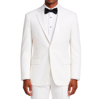 LUCCI Men's White Classic Fit Polyester Tuxedo Suit NEW. Timeless elegance with a fully lined jacket featuring a sateen notch lapel, and pleated pants ready for custom tailoring. Perfect for special occasions, available at Fashion House Inc. (FH Menswear)