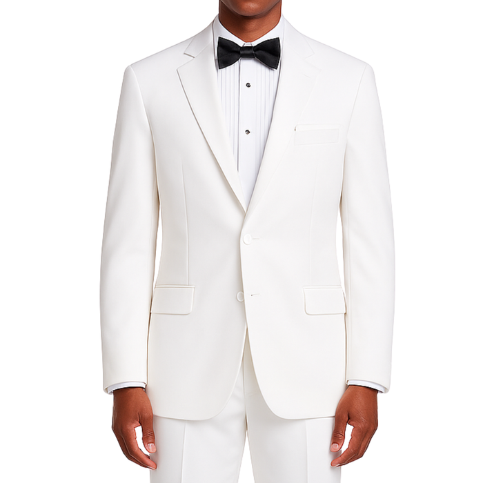 LUCCI Men's White Classic Fit Polyester Tuxedo Suit NEW. Timeless elegance with a fully lined jacket featuring a sateen notch lapel, and pleated pants ready for custom tailoring. Perfect for special occasions, available at Fashion House Inc. (FH Menswear)