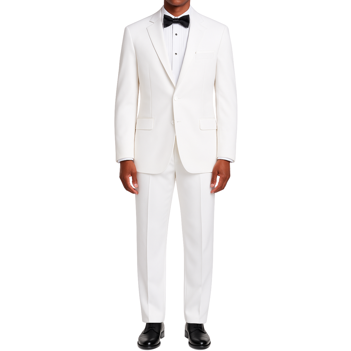 LUCCI Men's White Classic Fit Polyester Tuxedo Suit NEW. Timeless elegance with a fully lined jacket featuring a sateen notch lapel, and pleated pants ready for custom tailoring. Perfect for special occasions, available at Fashion House Inc. (FH Menswear)