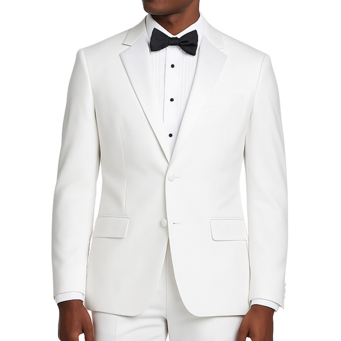 VINCI Men's White Classic-Fit Tuxedo Suit with Sateen Lapel and Trim - NEW. Features a fully lined jacket with sleek sateen notch lapel and modern flat-front pants ready for custom tailoring. Perfect for special occasions, ensuring a polished look. Available at Fashion House Inc. (FH Menswear, Style T-900)