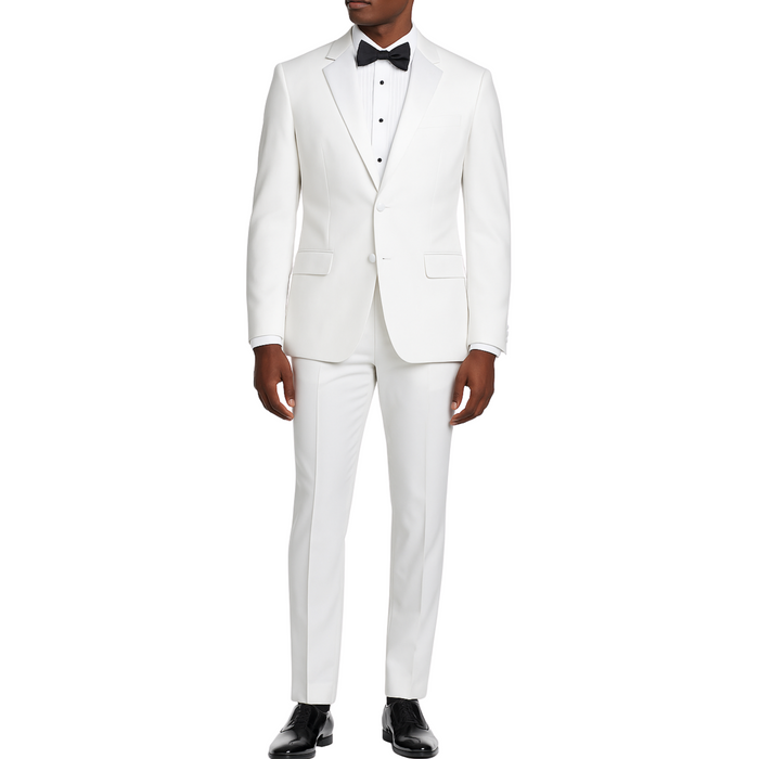 VINCI Men's White Classic-Fit Tuxedo Suit with Sateen Lapel and Trim - NEW. Features a fully lined jacket with sleek sateen notch lapel and modern flat-front pants ready for custom tailoring. Perfect for special occasions, ensuring a polished look. Available at Fashion House Inc. (FH Menswear, Style T-900)