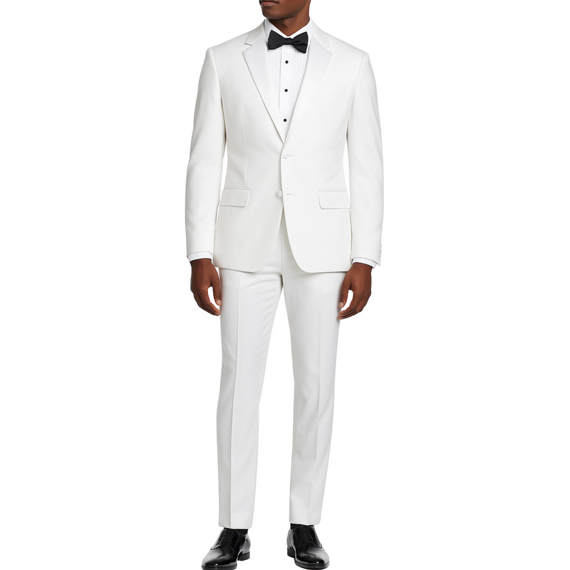 VINCI Men's White Classic-Fit Tuxedo Suit with Sateen Lapel and Trim - NEW. Features a fully lined jacket with sleek sateen notch lapel and modern flat-front pants ready for custom tailoring. Perfect for special occasions, ensuring a polished look. Available at Fashion House Inc. (FH Menswear, Style T-900)