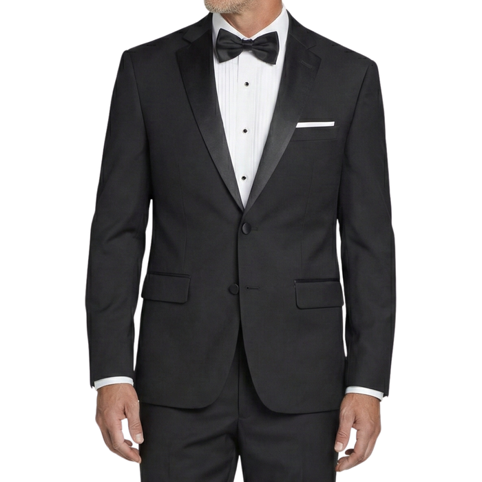 VINCI Men's Black Slim Fit Formal Tuxedo Suit with Sateen Lapel & Trim – NEW. Tailored in a sleek slim-fit silhouette with a fully lined jacket and refined sateen notch lapel, plus flat-front pants with unfinished hems for custom tailoring. A timeless choice for weddings, galas, and formal events. Available at Fashion House Inc. (FH Menswear, Style #T-SC900)