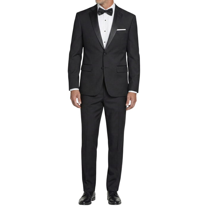 VINCI Men's Black Slim Fit Formal Tuxedo Suit with Sateen Lapel & Trim – NEW. Tailored in a sleek slim-fit silhouette with a fully lined jacket and refined sateen notch lapel, plus flat-front pants with unfinished hems for custom tailoring. A timeless choice for weddings, galas, and formal events. Available at Fashion House Inc. (FH Menswear, Style #T-SC900)