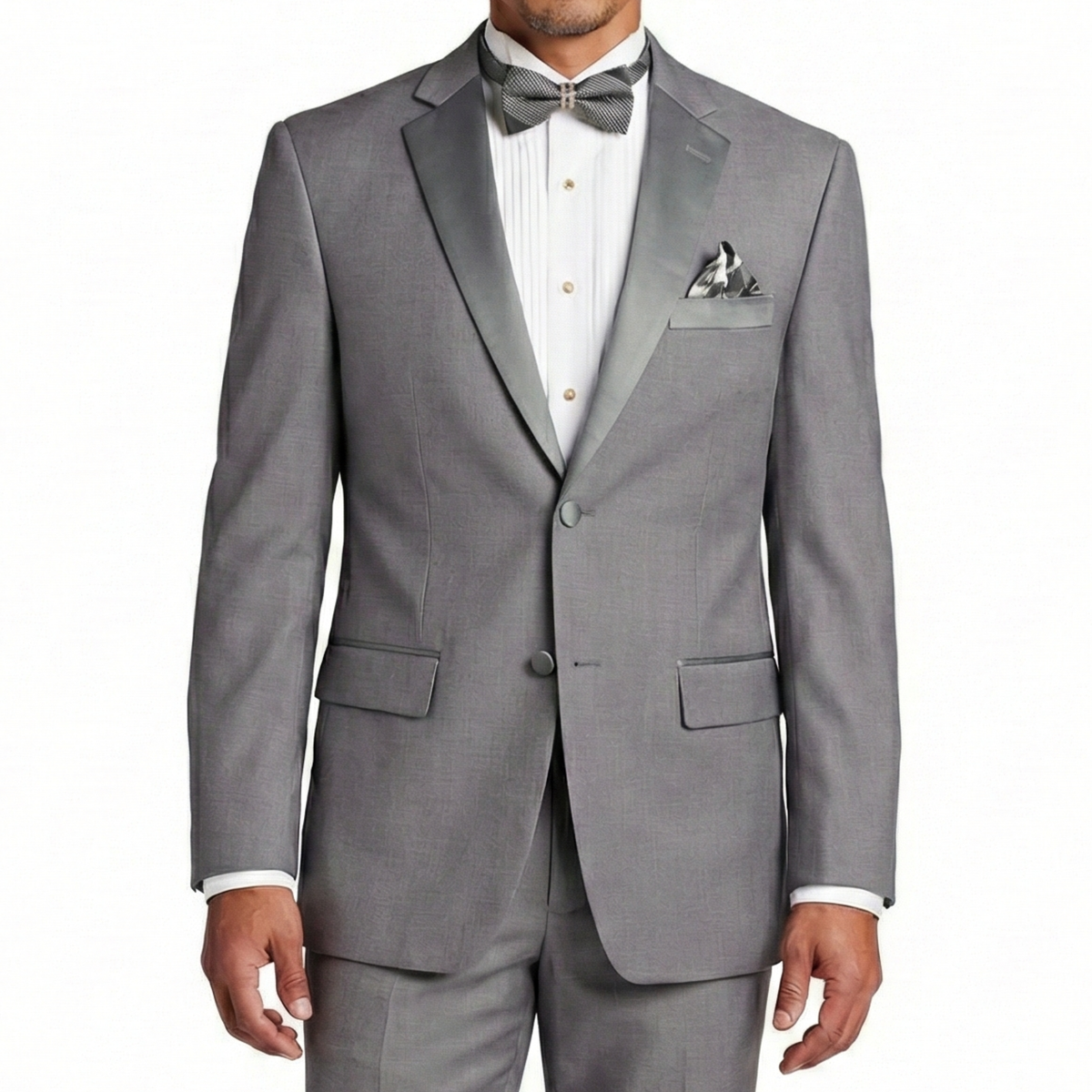 VINCI Men's Gray Slim Fit Formal Tuxedo Suit with Sateen Lapel & Trim – NEW. Tailored in a sleek slim-fit silhouette with a fully lined jacket and refined sateen notch lapel, plus flat-front pants with unfinished hems for custom tailoring. A timeless choice for weddings, galas, and formal events. Available at Fashion House Inc. (FH Menswear, Style #T-SC900)