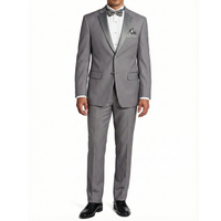 VINCI Men's Gray Slim Fit Formal Tuxedo Suit with Sateen Lapel & Trim – NEW. Tailored in a sleek slim-fit silhouette with a fully lined jacket and refined sateen notch lapel, plus flat-front pants with unfinished hems for custom tailoring. A timeless choice for weddings, galas, and formal events. Available at Fashion House Inc. (FH Menswear, Style #T-SC900)