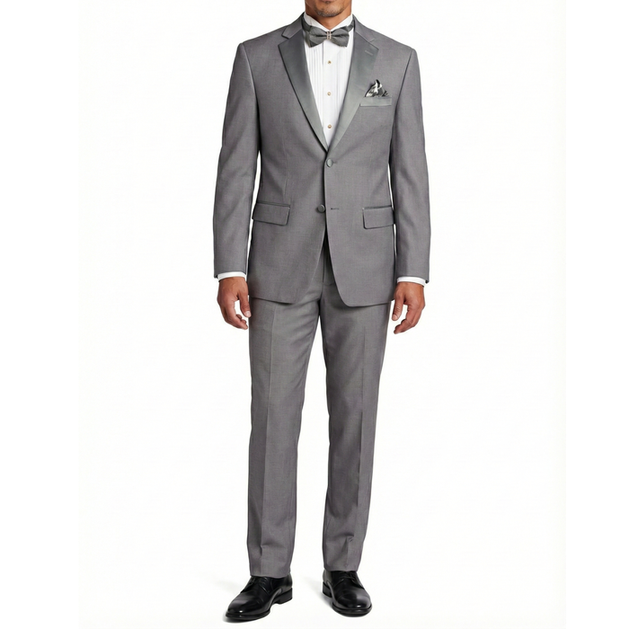 VINCI Men's Gray Slim Fit Formal Tuxedo Suit with Sateen Lapel & Trim – NEW. Tailored in a sleek slim-fit silhouette with a fully lined jacket and refined sateen notch lapel, plus flat-front pants with unfinished hems for custom tailoring. A timeless choice for weddings, galas, and formal events. Available at Fashion House Inc. (FH Menswear, Style #T-SC900)