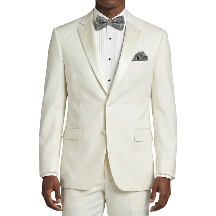 VINCI Men's Ivory Slim Fit Formal Tuxedo Suit with Sateen Lapel & Trim – NEW. Tailored in a sleek slim-fit silhouette with a fully lined jacket and refined sateen notch lapel, plus flat-front pants with unfinished hems for custom tailoring. A timeless choice for weddings, galas, and formal events. Available at Fashion House Inc. (FH Menswear, Style #T-SC900)