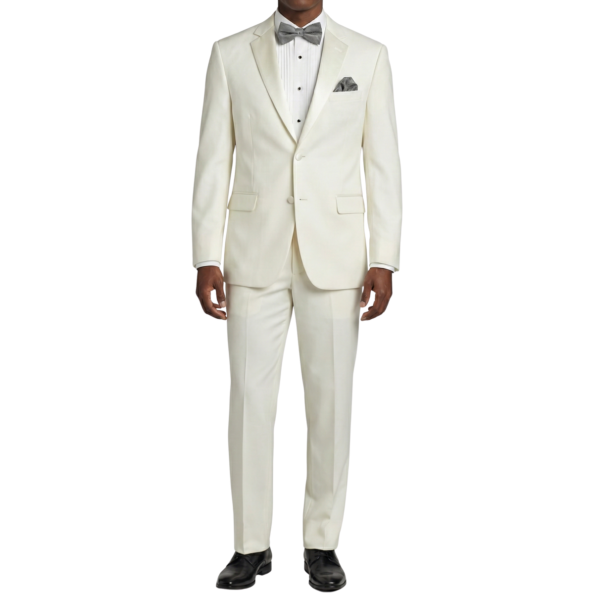 VINCI Men's Ivory Slim Fit Formal Tuxedo Suit with Sateen Lapel & Trim – NEW. Tailored in a sleek slim-fit silhouette with a fully lined jacket and refined sateen notch lapel, plus flat-front pants with unfinished hems for custom tailoring. A timeless choice for weddings, galas, and formal events. Available at Fashion House Inc. (FH Menswear, Style #T-SC900)