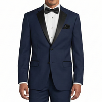 VINCI Men's Midnight Blue Slim Fit Formal Tuxedo Suit with Sateen Lapel & Trim – NEW. Tailored in a sleek slim-fit silhouette with a fully lined jacket and refined sateen notch lapel, plus flat-front pants with unfinished hems for custom tailoring. A timeless choice for weddings, galas, and formal events. Available at Fashion House Inc. (FH Menswear, Style #T-SC900)