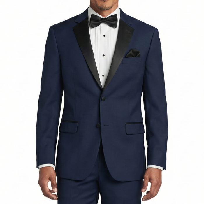 VINCI Men's Midnight Blue Slim Fit Formal Tuxedo Suit with Sateen Lapel & Trim – NEW. Tailored in a sleek slim-fit silhouette with a fully lined jacket and refined sateen notch lapel, plus flat-front pants with unfinished hems for custom tailoring. A timeless choice for weddings, galas, and formal events. Available at Fashion House Inc. (FH Menswear, Style #T-SC900)