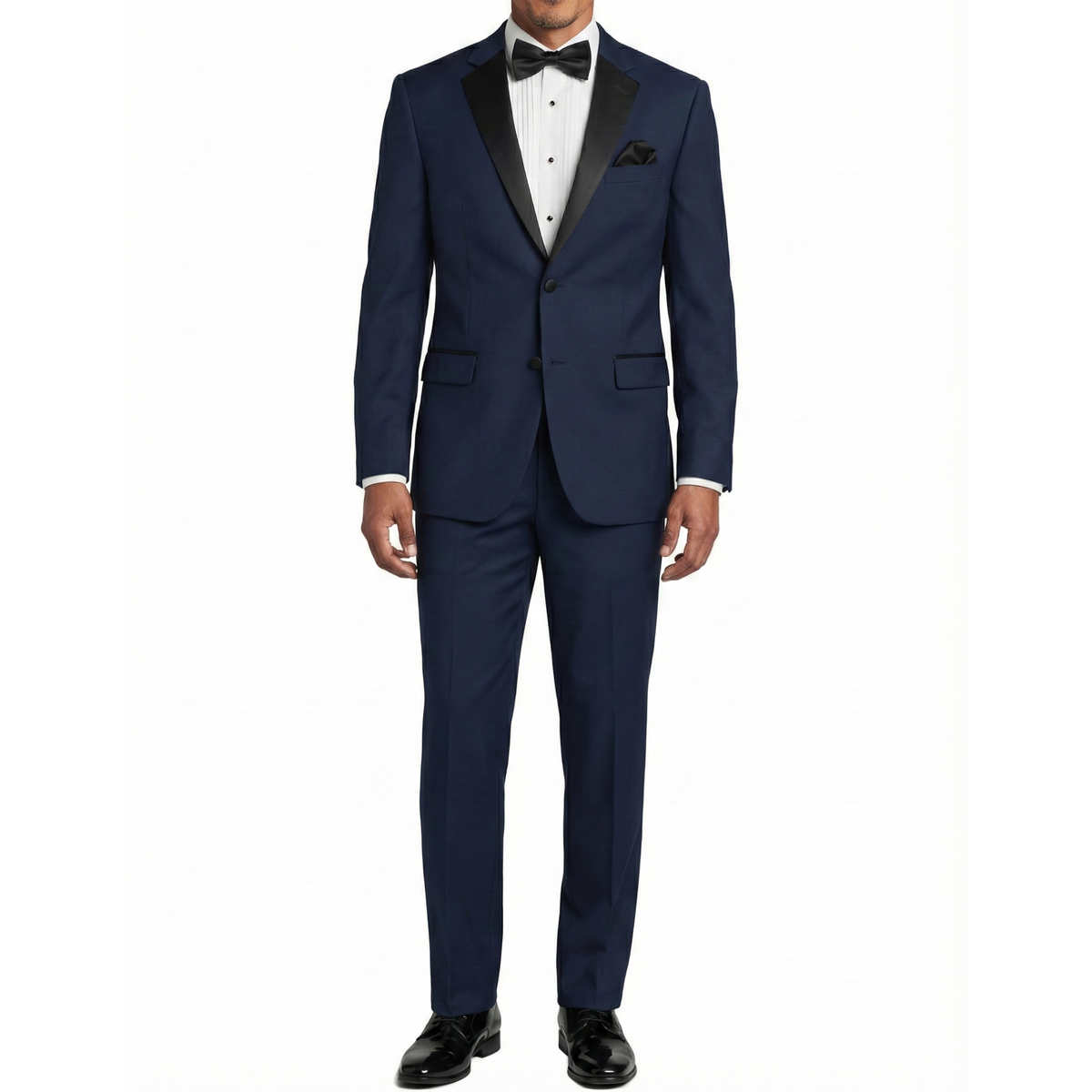 VINCI Men's Midnight Blue Slim Fit Formal Tuxedo Suit with Sateen Lapel & Trim – NEW. Tailored in a sleek slim-fit silhouette with a fully lined jacket and refined sateen notch lapel, plus flat-front pants with unfinished hems for custom tailoring. A timeless choice for weddings, galas, and formal events. Available at Fashion House Inc. (FH Menswear, Style #T-SC900)