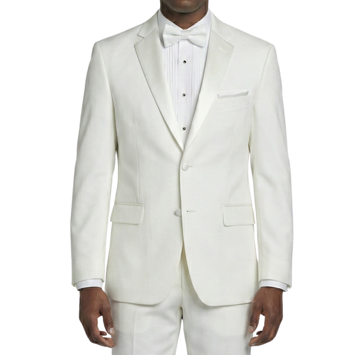VINCI Men's White Slim Fit Formal Tuxedo Suit with Sateen Lapel & Trim – NEW. Tailored in a sleek slim-fit silhouette with a fully lined jacket and refined sateen notch lapel, plus flat-front pants with unfinished hems for custom tailoring. A timeless choice for weddings, galas, and formal events. Available at Fashion House Inc. (FH Menswear, Style #T-SC900)