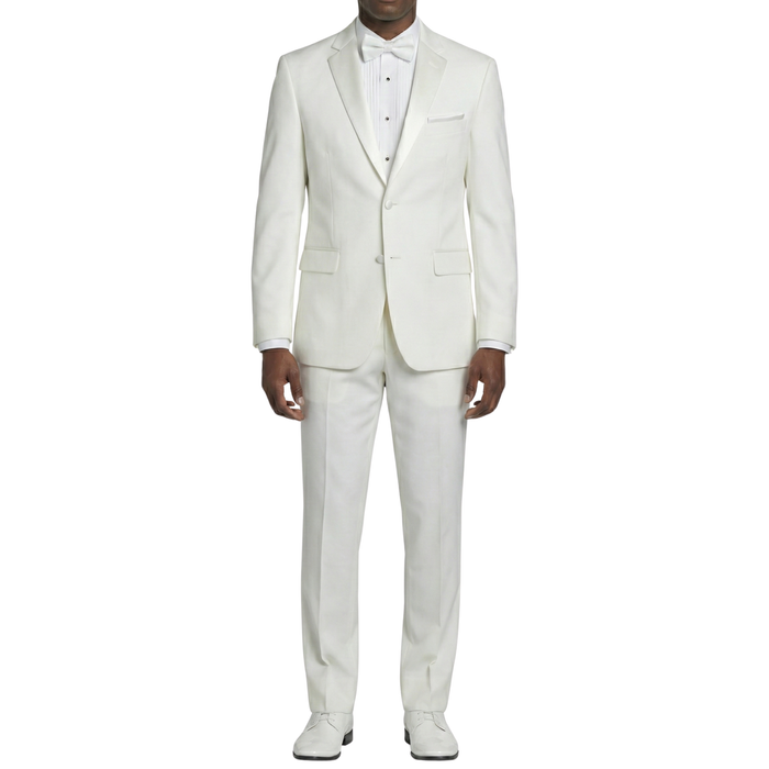 VINCI Men's White Slim Fit Formal Tuxedo Suit with Sateen Lapel & Trim – NEW. Tailored in a sleek slim-fit silhouette with a fully lined jacket and refined sateen notch lapel, plus flat-front pants with unfinished hems for custom tailoring. A timeless choice for weddings, galas, and formal events. Available at Fashion House Inc. (FH Menswear, Style #T-SC900)