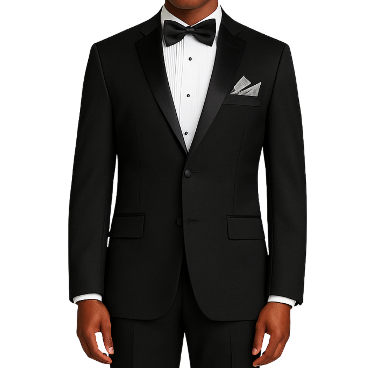 LUCCI Men's Black Slim Fit Polyester Tuxedo Suit NEW. Features a sleek, slim silhouette with a fully lined jacket and sateen notch lapel, flat-front pants ready for custom tailoring. Ideal for special events, ensuring a sharp look. Available at Fashion House Inc. (FH Menswear)