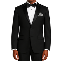 LUCCI Men's Black Slim Fit Polyester Tuxedo Suit NEW. Features a sleek, slim silhouette with a fully lined jacket and sateen notch lapel, flat-front pants ready for custom tailoring. Ideal for special events, ensuring a sharp look. Available at Fashion House Inc. (FH Menswear)