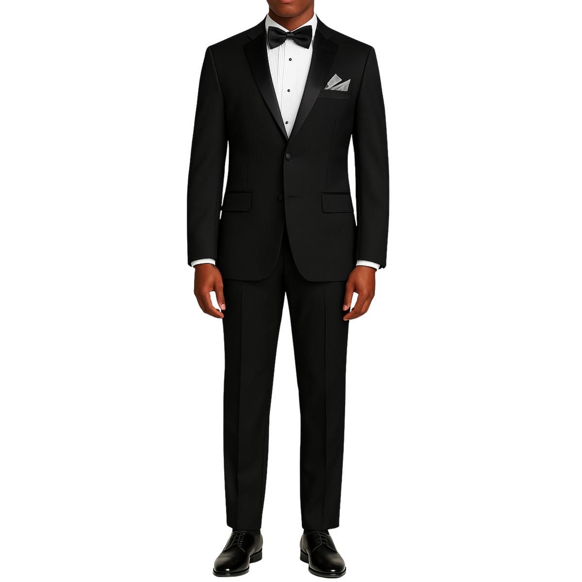LUCCI Men's Black Slim Fit Polyester Tuxedo Suit NEW. Features a sleek, slim silhouette with a fully lined jacket and sateen notch lapel, flat-front pants ready for custom tailoring. Ideal for special events, ensuring a sharp look. Available at Fashion House Inc. (FH Menswear)