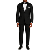 LUCCI Men's Black Slim Fit Polyester Tuxedo Suit NEW. Features a sleek, slim silhouette with a fully lined jacket and sateen notch lapel, flat-front pants ready for custom tailoring. Ideal for special events, ensuring a sharp look. Available at Fashion House Inc. (FH Menswear)