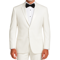LUCCI Men's White Slim Fit Polyester Tuxedo Suit NEW. Features a sleek, slim silhouette with a fully lined jacket and sateen notch lapel, flat-front pants ready for custom tailoring. Ideal for special events, ensuring a sharp look. Available at Fashion House Inc. (FH Menswear)