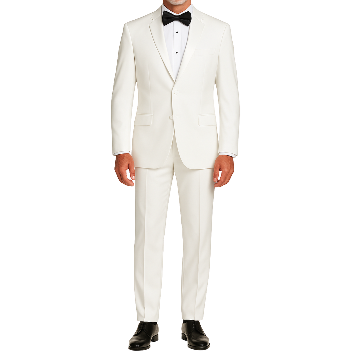 LUCCI Men's White Slim Fit Polyester Tuxedo Suit NEW. Features a sleek, slim silhouette with a fully lined jacket and sateen notch lapel, flat-front pants ready for custom tailoring. Ideal for special events, ensuring a sharp look. Available at Fashion House Inc. (FH Menswear)