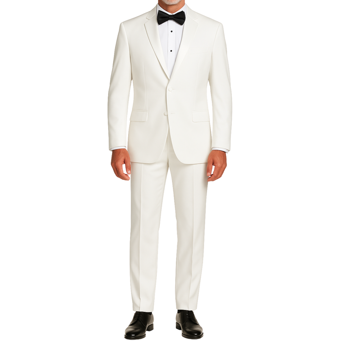 LUCCI Men's White Slim Fit Polyester Tuxedo Suit NEW. Features a sleek, slim silhouette with a fully lined jacket and sateen notch lapel, flat-front pants ready for custom tailoring. Ideal for special events, ensuring a sharp look. Available at Fashion House Inc. (FH Menswear)