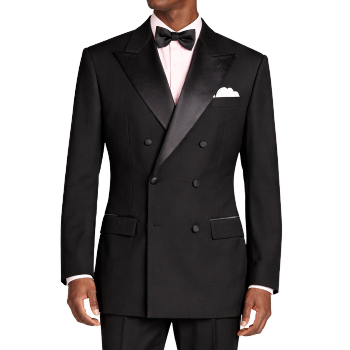 VINCI Men's Black Double Breasted Regular Fit Tuxedo with Flexible Waistband NEW. Features an oversized wide sateen peak lapel, premium fancy lining, built in pocket square, and flat front pants with flexible comfort waistband, sateen side stripe, and unfinished hems for custom tailoring. Includes a matching bow tie. A classic men's Black tuxedo for weddings, proms, galas, black tie events, and formal occasions. Available at Fashion House Inc. (FH Menswear, Style #TDB-900)