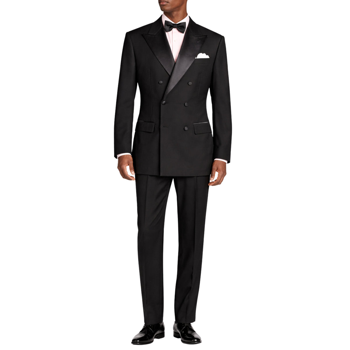 VINCI Men's Black Double Breasted Regular Fit Tuxedo with Flexible Waistband NEW. Features an oversized wide sateen peak lapel, premium fancy lining, built in pocket square, and flat front pants with flexible comfort waistband, sateen side stripe, and unfinished hems for custom tailoring. Includes a matching bow tie. A classic men's Black tuxedo for weddings, proms, galas, black tie events, and formal occasions. Available at Fashion House Inc. (FH Menswear, Style #TDB-900)