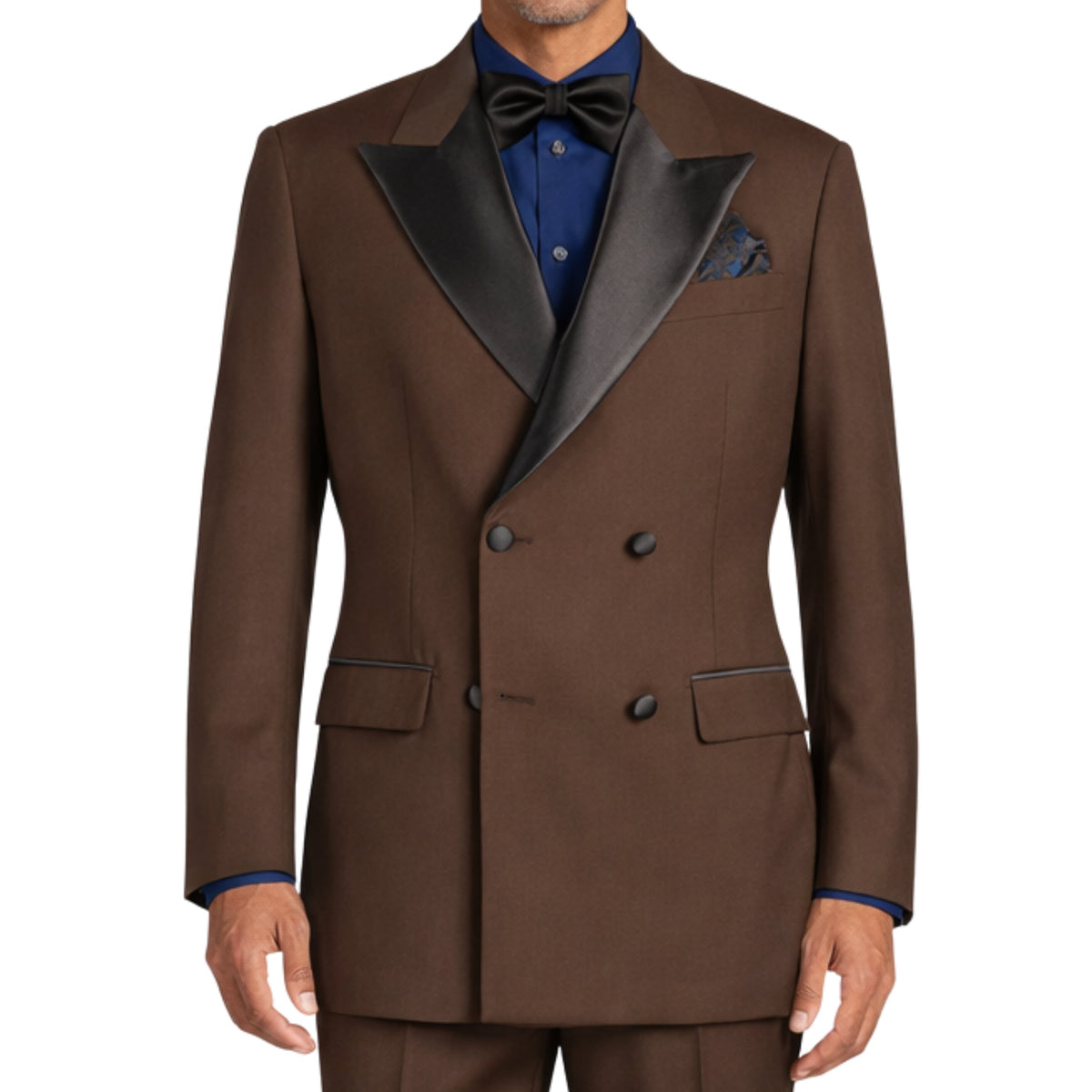 VINCI Men's Brown Double Breasted Regular Fit Tuxedo with Flexible Waistband NEW. Features an oversized wide sateen peak lapel, premium fancy lining, built in pocket square, and flat front pants with flexible comfort waistband, sateen side stripe, and unfinished hems for custom tailoring. Includes a matching bow tie. A classic men's Brown tuxedo for weddings, proms, galas, black tie events, and formal occasions. Available at Fashion House Inc. (FH Menswear, Style #TDB-900)
