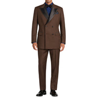 VINCI Men's Brown Double Breasted Regular Fit Tuxedo with Flexible Waistband NEW. Features an oversized wide sateen peak lapel, premium fancy lining, built in pocket square, and flat front pants with flexible comfort waistband, sateen side stripe, and unfinished hems for custom tailoring. Includes a matching bow tie. A classic men's Brown tuxedo for weddings, proms, galas, black tie events, and formal occasions. Available at Fashion House Inc. (FH Menswear, Style #TDB-900)