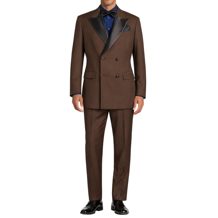 VINCI Men's Brown Double Breasted Regular Fit Tuxedo with Flexible Waistband NEW. Features an oversized wide sateen peak lapel, premium fancy lining, built in pocket square, and flat front pants with flexible comfort waistband, sateen side stripe, and unfinished hems for custom tailoring. Includes a matching bow tie. A classic men's Brown tuxedo for weddings, proms, galas, black tie events, and formal occasions. Available at Fashion House Inc. (FH Menswear, Style #TDB-900)