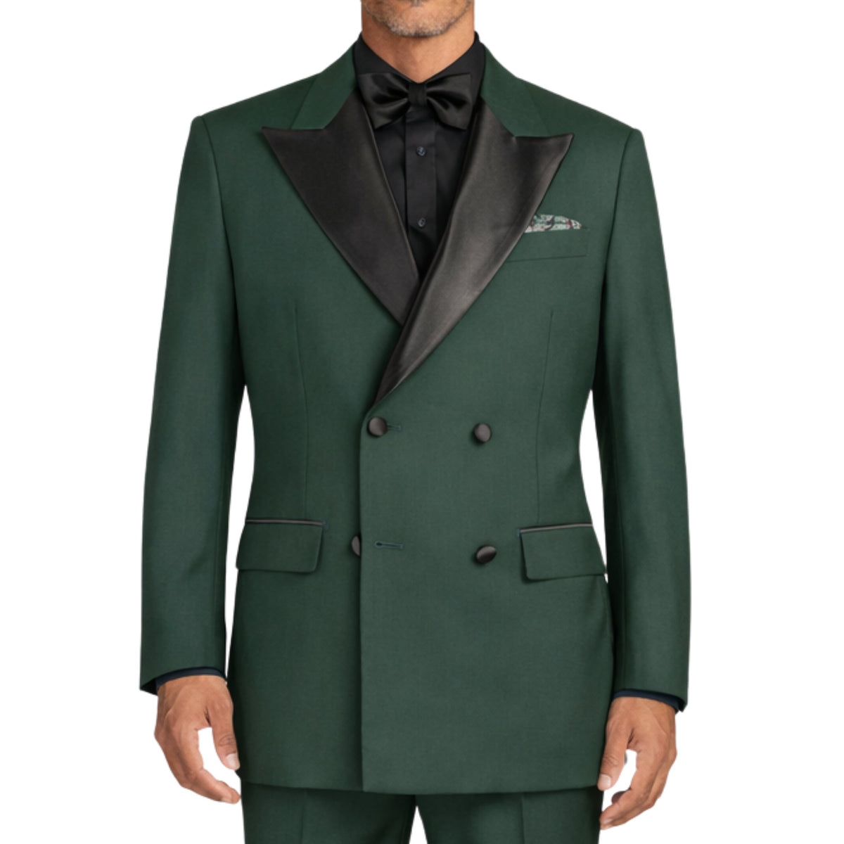VINCI Men's Hunter Green Double Breasted Regular Fit Tuxedo with Flexible Waistband NEW. Features an oversized wide sateen peak lapel, premium fancy lining, built in pocket square, and flat front pants with flexible comfort waistband, sateen side stripe, and unfinished hems for custom tailoring. Includes a matching bow tie. A classic men's Hunter Green tuxedo for weddings, proms, galas, black tie events, and formal occasions. Available at Fashion House Inc. (FH Menswear, Style #TDB-900)