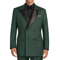 VINCI Men's Hunter Green Double Breasted Regular Fit Tuxedo with Flexible Waistband NEW. Features an oversized wide sateen peak lapel, premium fancy lining, built in pocket square, and flat front pants with flexible comfort waistband, sateen side stripe, and unfinished hems for custom tailoring. Includes a matching bow tie. A classic men's Hunter Green tuxedo for weddings, proms, galas, black tie events, and formal occasions. Available at Fashion House Inc. (FH Menswear, Style #TDB-900)