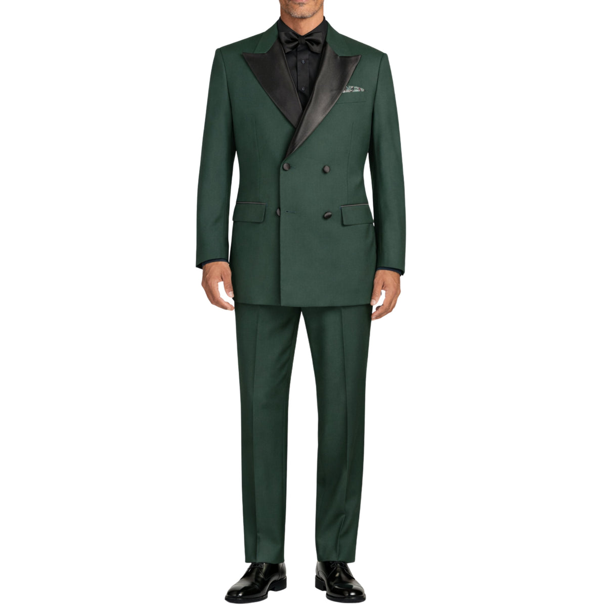 VINCI Men's Hunter Green Double Breasted Regular Fit Tuxedo with Flexible Waistband NEW. Features an oversized wide sateen peak lapel, premium fancy lining, built in pocket square, and flat front pants with flexible comfort waistband, sateen side stripe, and unfinished hems for custom tailoring. Includes a matching bow tie. A classic men's Hunter Green tuxedo for weddings, proms, galas, black tie events, and formal occasions. Available at Fashion House Inc. (FH Menswear, Style #TDB-900)