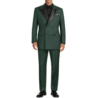 VINCI Men's Hunter Green Double Breasted Regular Fit Tuxedo with Flexible Waistband NEW. Features an oversized wide sateen peak lapel, premium fancy lining, built in pocket square, and flat front pants with flexible comfort waistband, sateen side stripe, and unfinished hems for custom tailoring. Includes a matching bow tie. A classic men's Hunter Green tuxedo for weddings, proms, galas, black tie events, and formal occasions. Available at Fashion House Inc. (FH Menswear, Style #TDB-900)