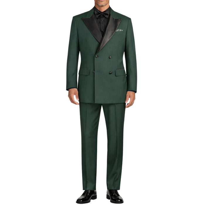 VINCI Men's Hunter Green Double Breasted Regular Fit Tuxedo with Flexible Waistband NEW. Features an oversized wide sateen peak lapel, premium fancy lining, built in pocket square, and flat front pants with flexible comfort waistband, sateen side stripe, and unfinished hems for custom tailoring. Includes a matching bow tie. A classic men's Hunter Green tuxedo for weddings, proms, galas, black tie events, and formal occasions. Available at Fashion House Inc. (FH Menswear, Style #TDB-900)