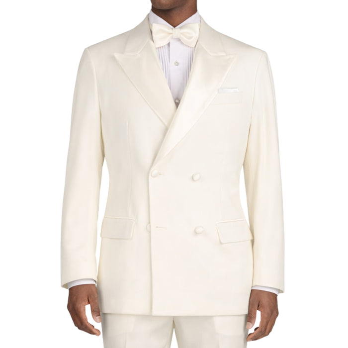 VINCI Men's Ivory Double Breasted Regular Fit Tuxedo with Flexible Waistband NEW. Features an oversized wide sateen peak lapel, premium fancy lining, built in pocket square, and flat front pants with flexible comfort waistband, sateen side stripe, and unfinished hems for custom tailoring. Includes a matching bow tie. A classic men's Ivory tuxedo for weddings, proms, galas, black tie events, and formal occasions. Available at Fashion House Inc. (FH Menswear, Style #TDB-900)