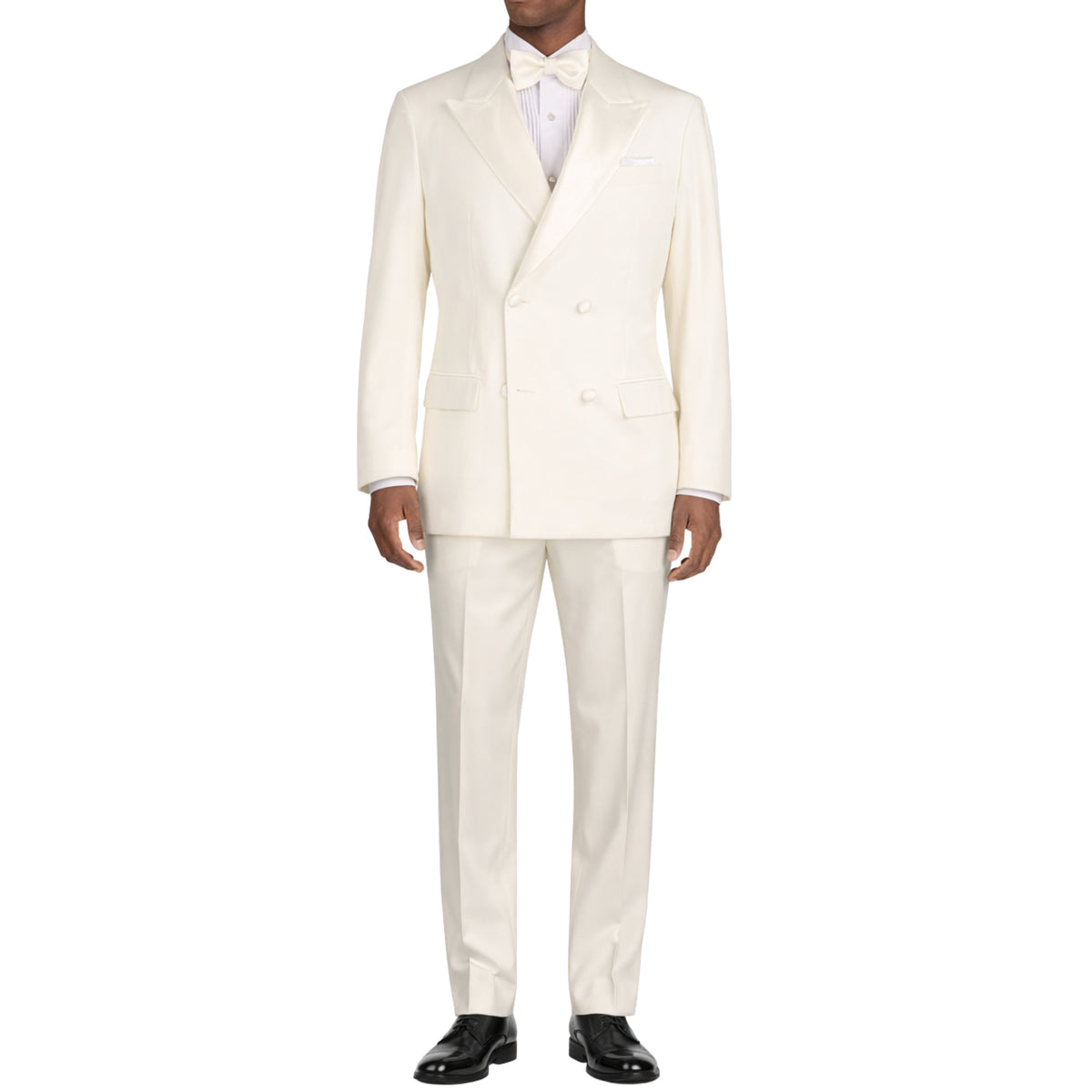 VINCI Men's Ivory Double Breasted Regular Fit Tuxedo with Flexible Waistband NEW. Features an oversized wide sateen peak lapel, premium fancy lining, built in pocket square, and flat front pants with flexible comfort waistband, sateen side stripe, and unfinished hems for custom tailoring. Includes a matching bow tie. A classic men's Ivory tuxedo for weddings, proms, galas, black tie events, and formal occasions. Available at Fashion House Inc. (FH Menswear, Style #TDB-900)