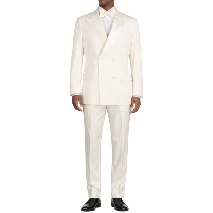 VINCI Men's Ivory Double Breasted Regular Fit Tuxedo with Flexible Waistband NEW. Features an oversized wide sateen peak lapel, premium fancy lining, built in pocket square, and flat front pants with flexible comfort waistband, sateen side stripe, and unfinished hems for custom tailoring. Includes a matching bow tie. A classic men's Ivory tuxedo for weddings, proms, galas, black tie events, and formal occasions. Available at Fashion House Inc. (FH Menswear, Style #TDB-900)