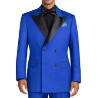 VINCI Men's Royal Blue Double Breasted Regular Fit Tuxedo with Flexible Waistband NEW. Features an oversized wide sateen peak lapel, premium fancy lining, built in pocket square, and flat front pants with flexible comfort waistband, sateen side stripe, and unfinished hems for custom tailoring. Includes a matching bow tie. A classic men's Royal Blue tuxedo for weddings, proms, galas, black tie events, and formal occasions. Available at Fashion House Inc. (FH Menswear, Style #TDB-900)