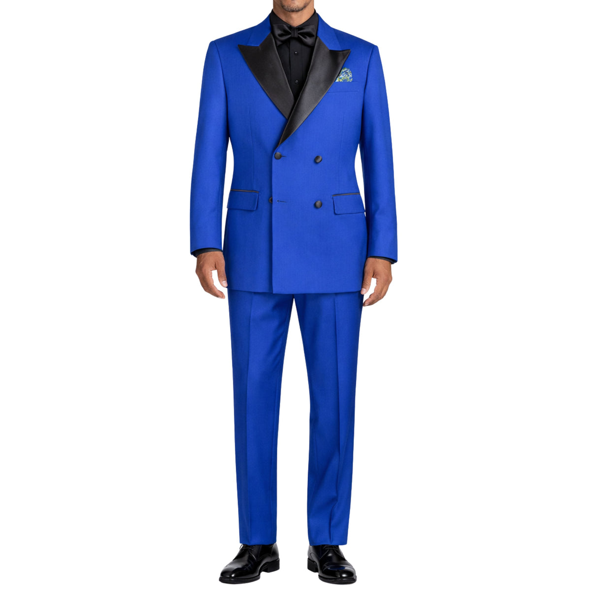 VINCI Men's Royal Blue Double Breasted Regular Fit Tuxedo with Flexible Waistband NEW. Features an oversized wide sateen peak lapel, premium fancy lining, built in pocket square, and flat front pants with flexible comfort waistband, sateen side stripe, and unfinished hems for custom tailoring. Includes a matching bow tie. A classic men's Royal Blue tuxedo for weddings, proms, galas, black tie events, and formal occasions. Available at Fashion House Inc. (FH Menswear, Style #TDB-900)