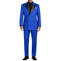 VINCI Men's Royal Blue Double Breasted Regular Fit Tuxedo with Flexible Waistband NEW. Features an oversized wide sateen peak lapel, premium fancy lining, built in pocket square, and flat front pants with flexible comfort waistband, sateen side stripe, and unfinished hems for custom tailoring. Includes a matching bow tie. A classic men's Royal Blue tuxedo for weddings, proms, galas, black tie events, and formal occasions. Available at Fashion House Inc. (FH Menswear, Style #TDB-900)