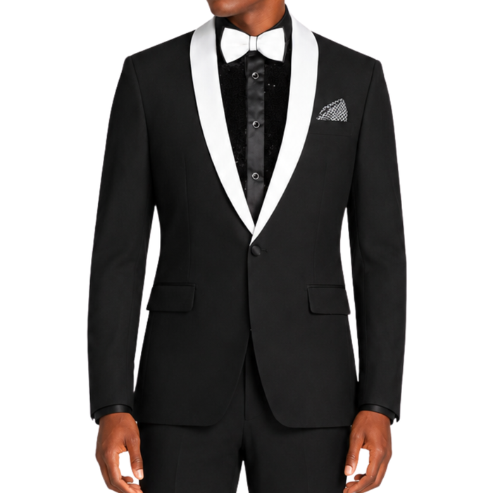 VINCI Men's Black Stretch 1-Button Slim-Fit Shawl Tuxedo - NEW. Features a sleek slim-fit design with skinny sateen shawl lapel and flat-front pants ready for tailoring. Ideal for weddings, galas, and formal occasions. Available at Fashion House Inc. (FH Menswear)