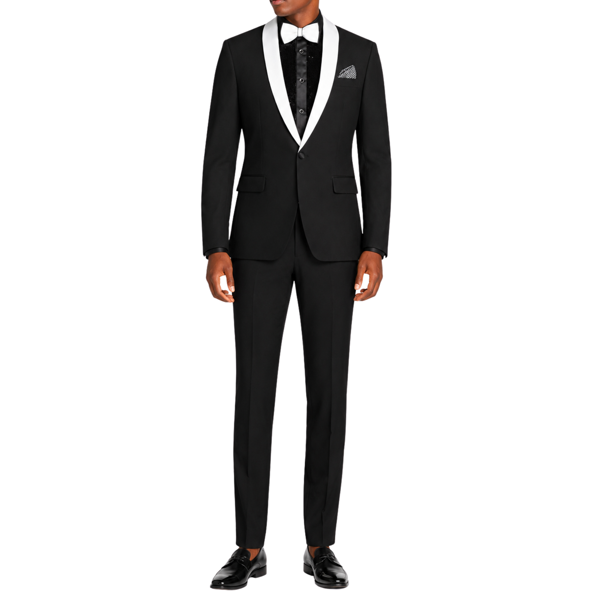 VINCI Men's Black Stretch 1-Button Slim-Fit Shawl Tuxedo - NEW. Features a sleek slim-fit design with skinny sateen shawl lapel and flat-front pants ready for tailoring. Ideal for weddings, galas, and formal occasions. Available at Fashion House Inc. (FH Menswear)
