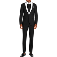 VINCI Men's Black Stretch 1-Button Slim-Fit Shawl Tuxedo - NEW. Features a sleek slim-fit design with skinny sateen shawl lapel and flat-front pants ready for tailoring. Ideal for weddings, galas, and formal occasions. Available at Fashion House Inc. (FH Menswear)