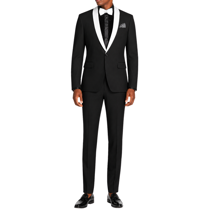 VINCI Men's Black Stretch 1-Button Slim-Fit Shawl Tuxedo - NEW. Features a sleek slim-fit design with skinny sateen shawl lapel and flat-front pants ready for tailoring. Ideal for weddings, galas, and formal occasions. Available at Fashion House Inc. (FH Menswear)