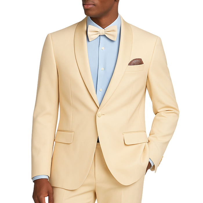 VINCI Men's Champagne Beige Stretch 1-Button Slim-Fit Shawl Tuxedo - NEW. Features a sleek slim-fit design with skinny sateen shawl lapel and flat-front pants ready for tailoring. Ideal for weddings, galas, and formal occasions. Available at Fashion House Inc. (FH Menswear)
