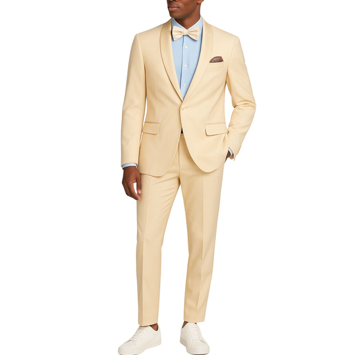 VINCI Men's Champagne Beige Stretch 1-Button Slim-Fit Shawl Tuxedo - NEW. Features a sleek slim-fit design with skinny sateen shawl lapel and flat-front pants ready for tailoring. Ideal for weddings, galas, and formal occasions. Available at Fashion House Inc. (FH Menswear)