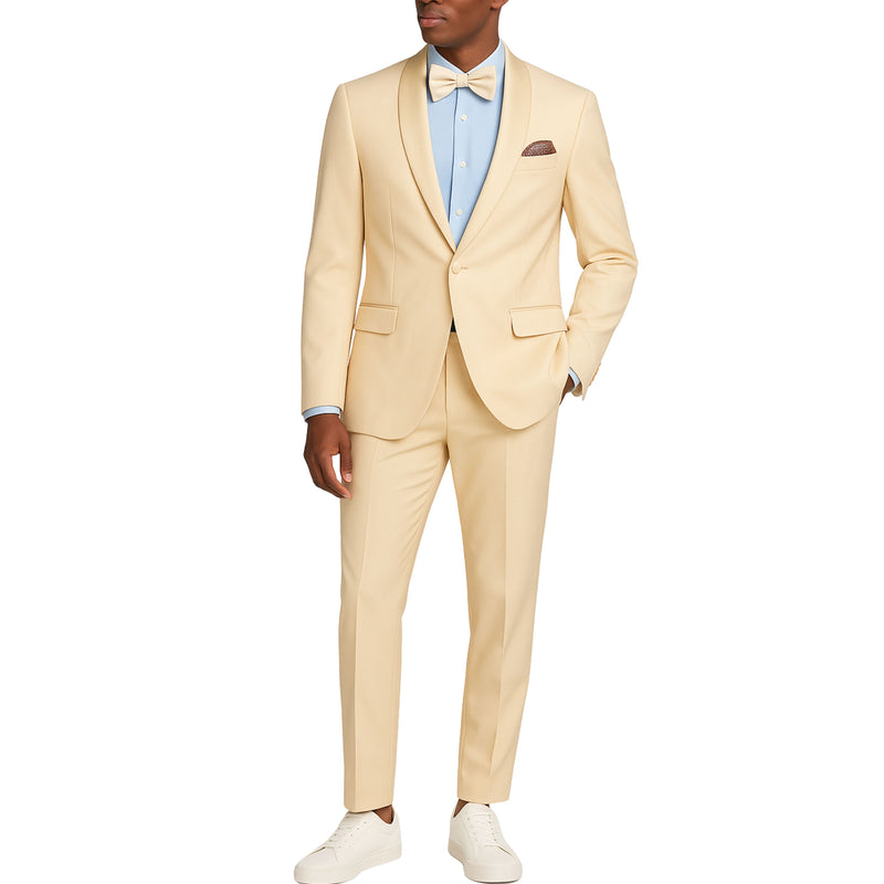 VINCI Men's Champagne Beige Stretch 1-Button Slim-Fit Shawl Tuxedo - NEW. Features a sleek slim-fit design with skinny sateen shawl lapel and flat-front pants ready for tailoring. Ideal for weddings, galas, and formal occasions. Available at Fashion House Inc. (FH Menswear)