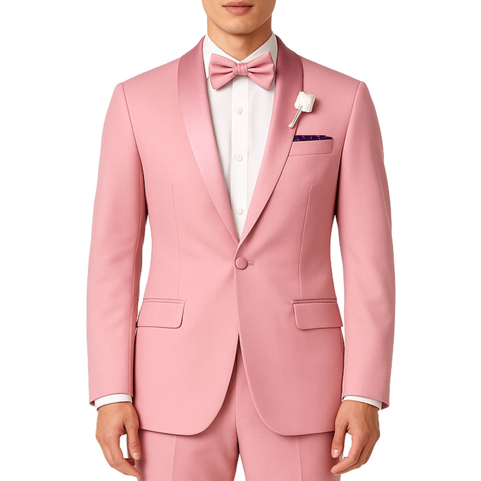VINCI Men's Dusty Rose (Pink) Stretch 1-Button Slim-Fit Shawl Tuxedo - NEW. Features a sleek slim-fit design with skinny sateen shawl lapel and flat-front pants ready for tailoring. Ideal for weddings, galas, and formal occasions. Available at Fashion House Inc. (FH Menswear)